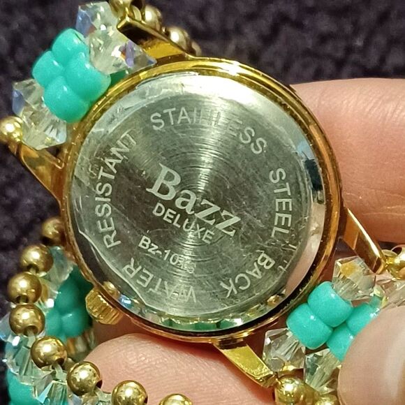 BAZZ DELUXE Gold-Tone Watch, Elastic Blue and Clear Beaded Wristband, Bz-1016 - Picture 2 of 3